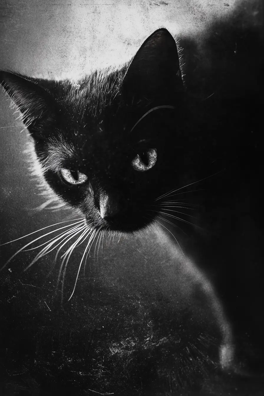 Gato arcano de siete ojos entre sombras ahumadas a la luz de la luna