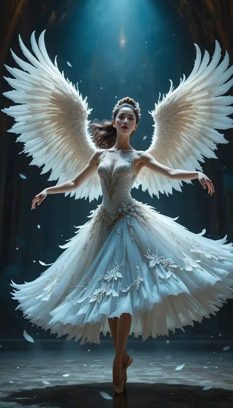 Ballerina che si trasforma in cigno bianco sotto i riflettori del teatro