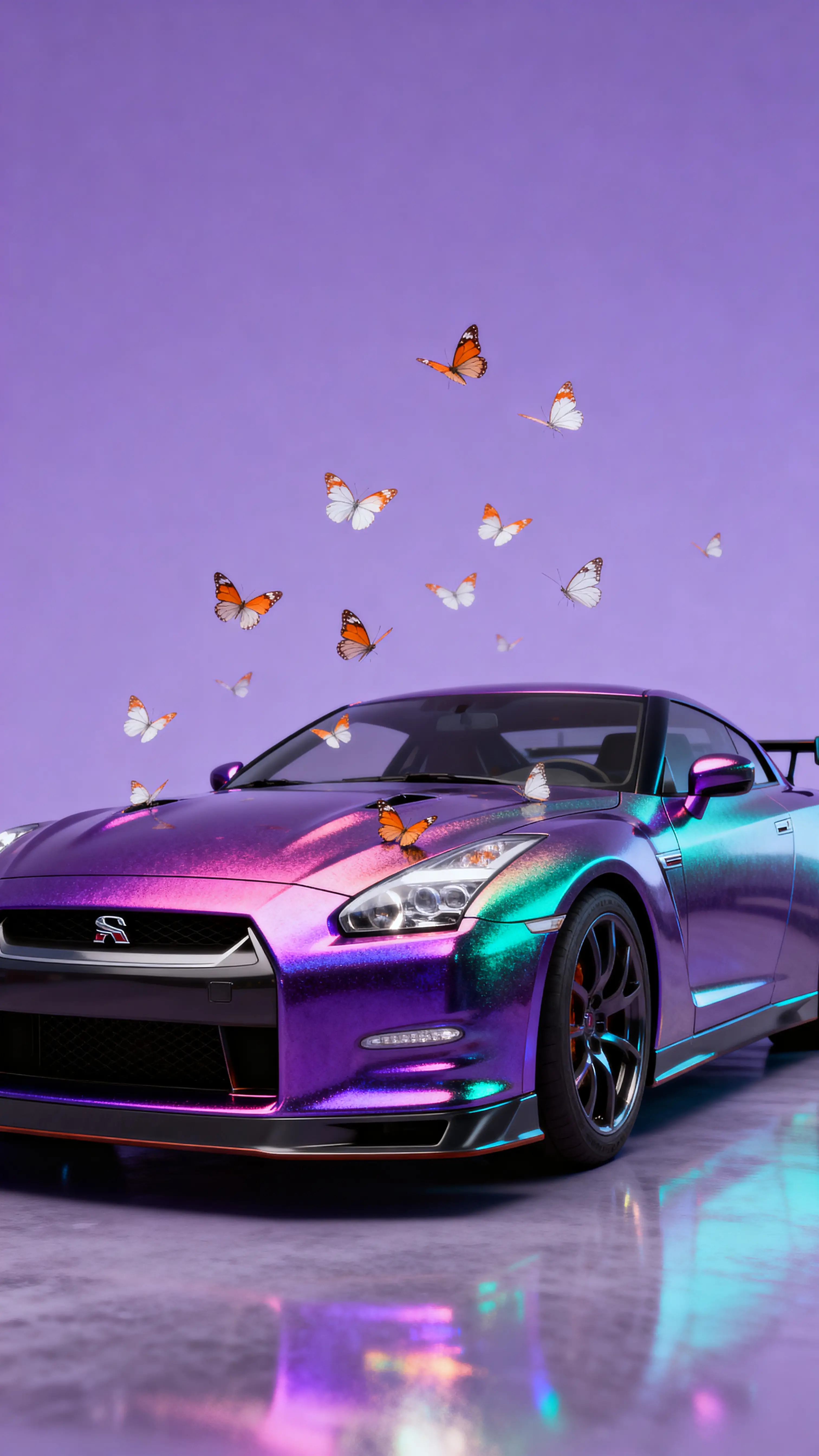 Auto sportiva iridescente con farfalle su sfondo viola