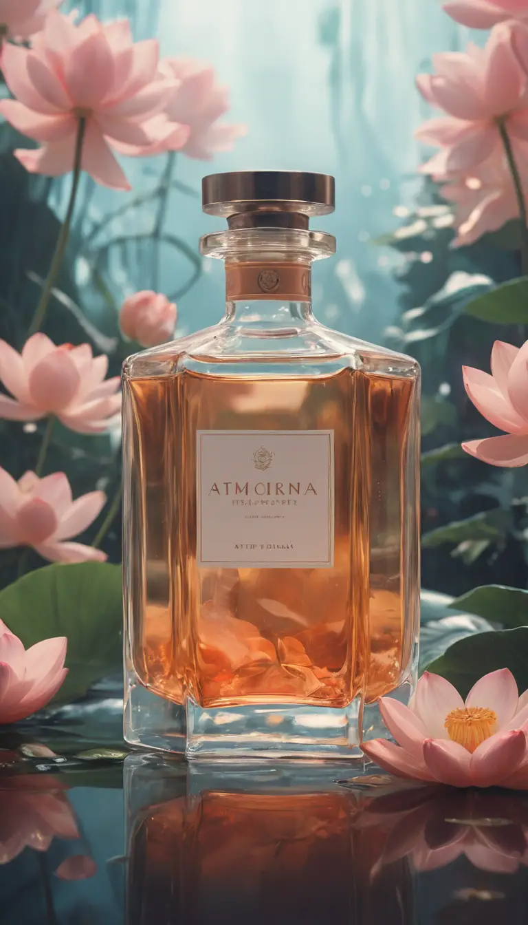 Frasco de perfume flutuando em respingo de água com pétalas de lótus