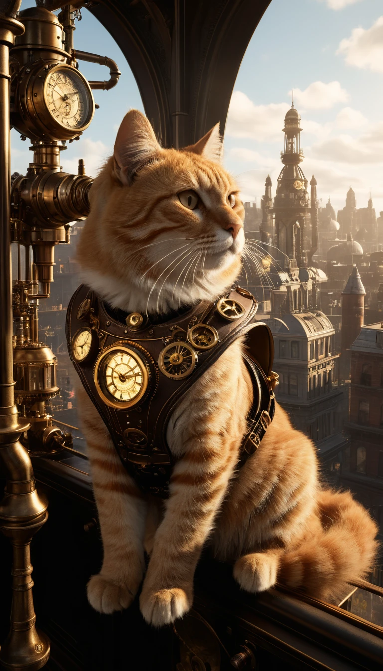 Goldene Steampunk-Katze mit Blick auf eine riesige mechanische Stadt