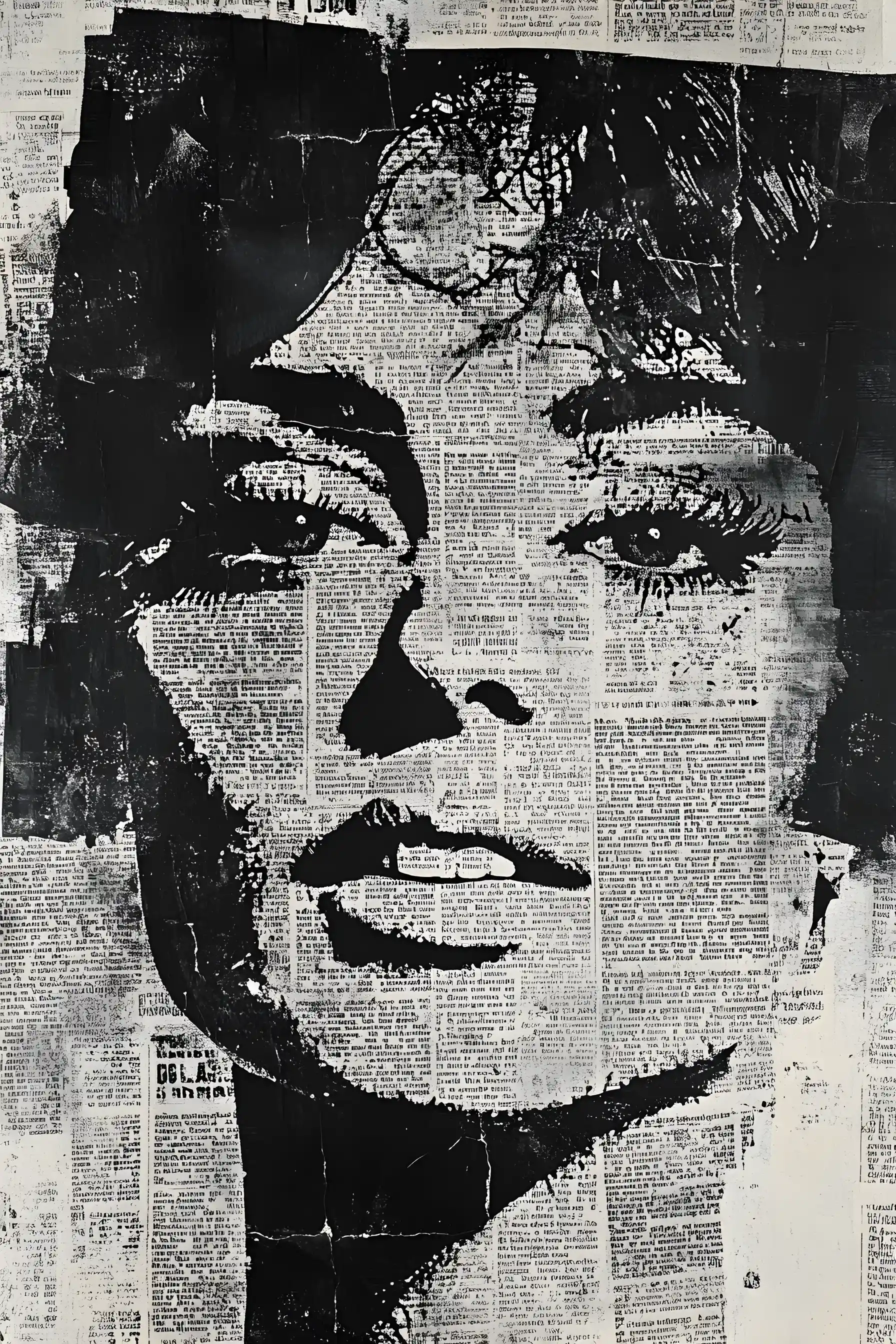 Black and white mixed media newspaper collage portrait