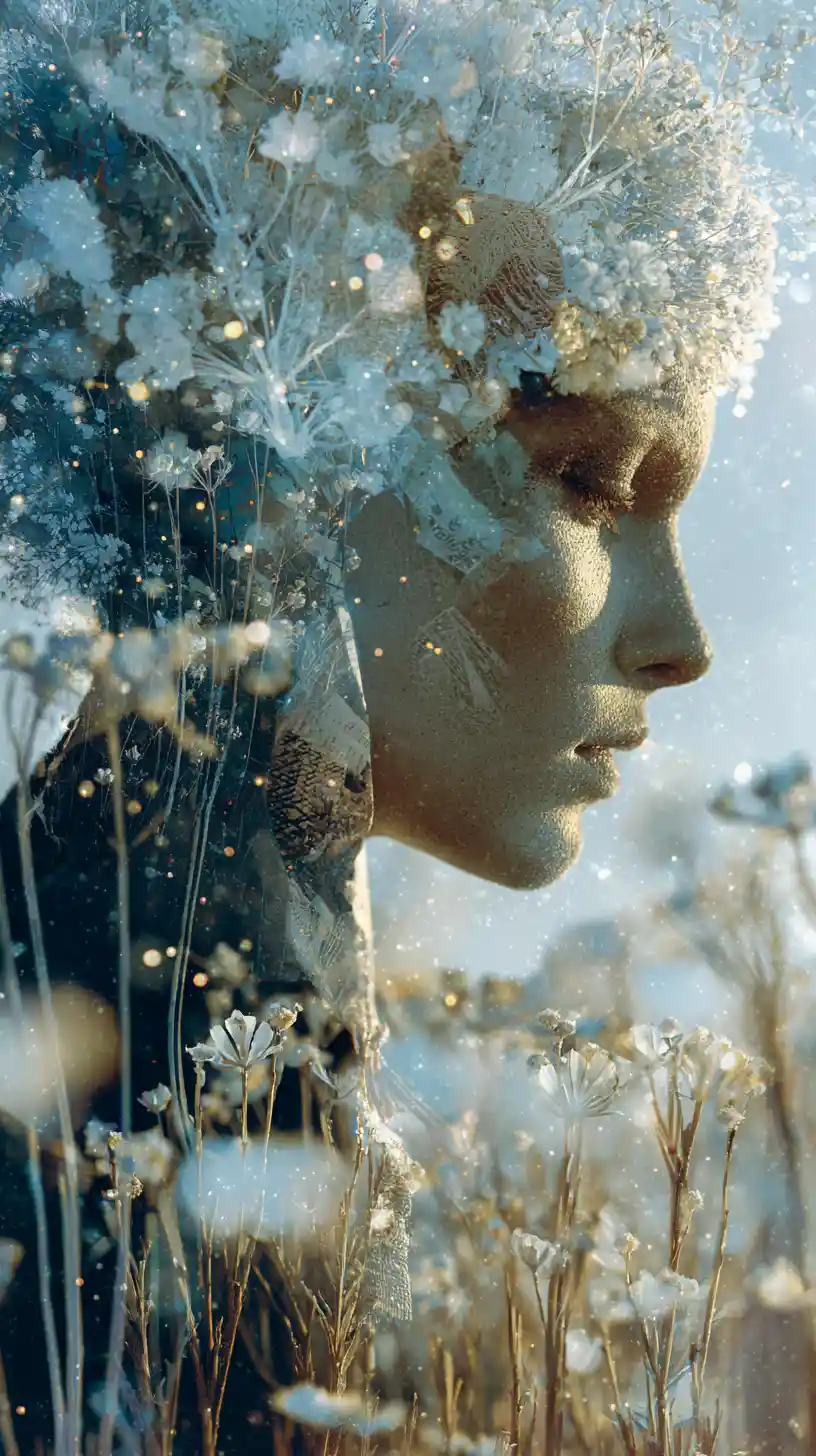 Frosty queen merged with a frozen meadow in soft pastels