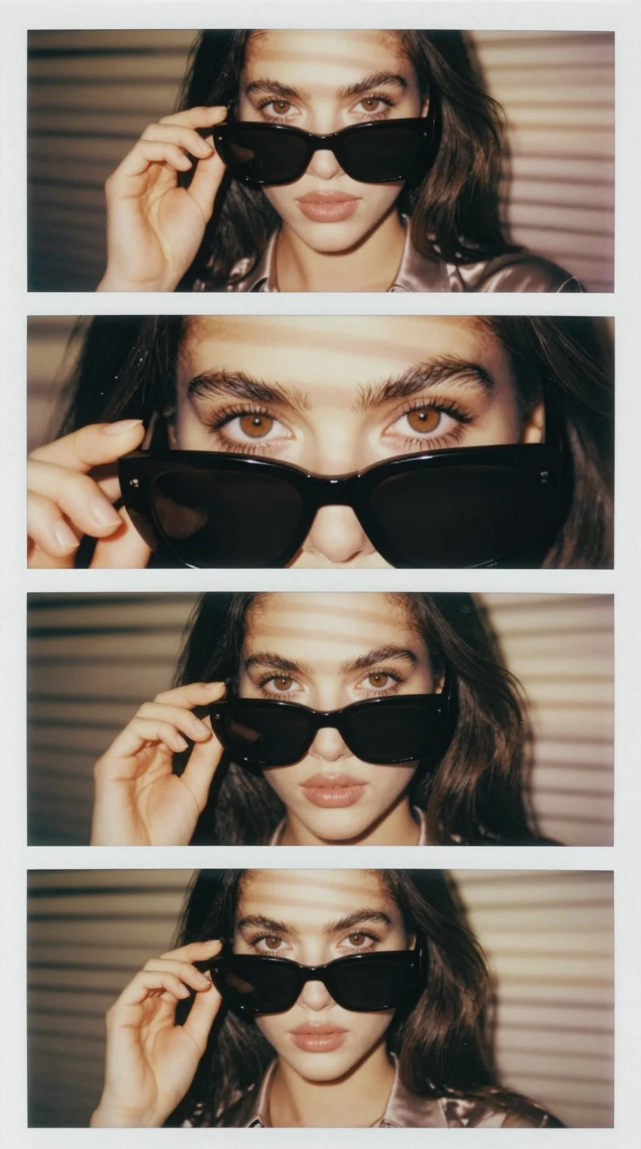 Brunette woman lowering sunglasses in golden hour close up