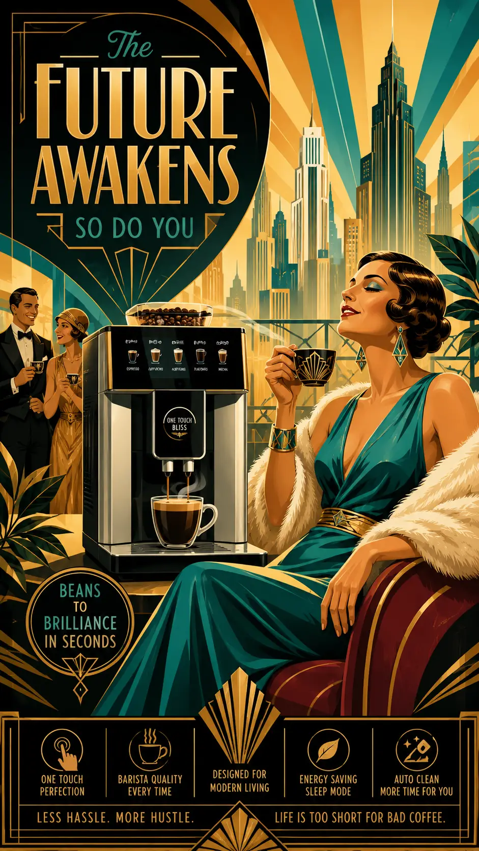 Anúncio art déco de uma máquina de café totalmente automática