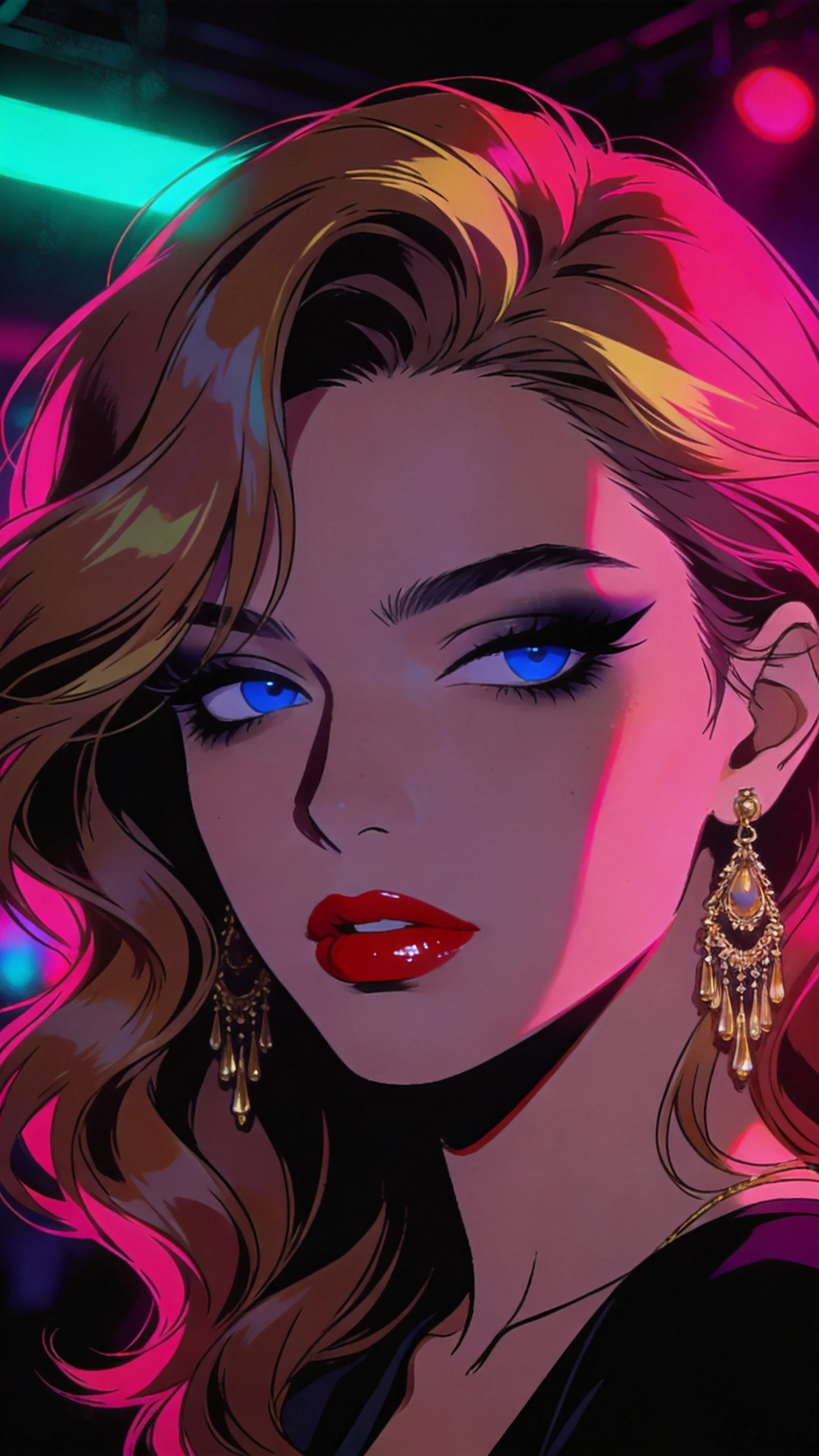 Portrait en cel shading d’une femme sous les néons d’une boîte de nuit