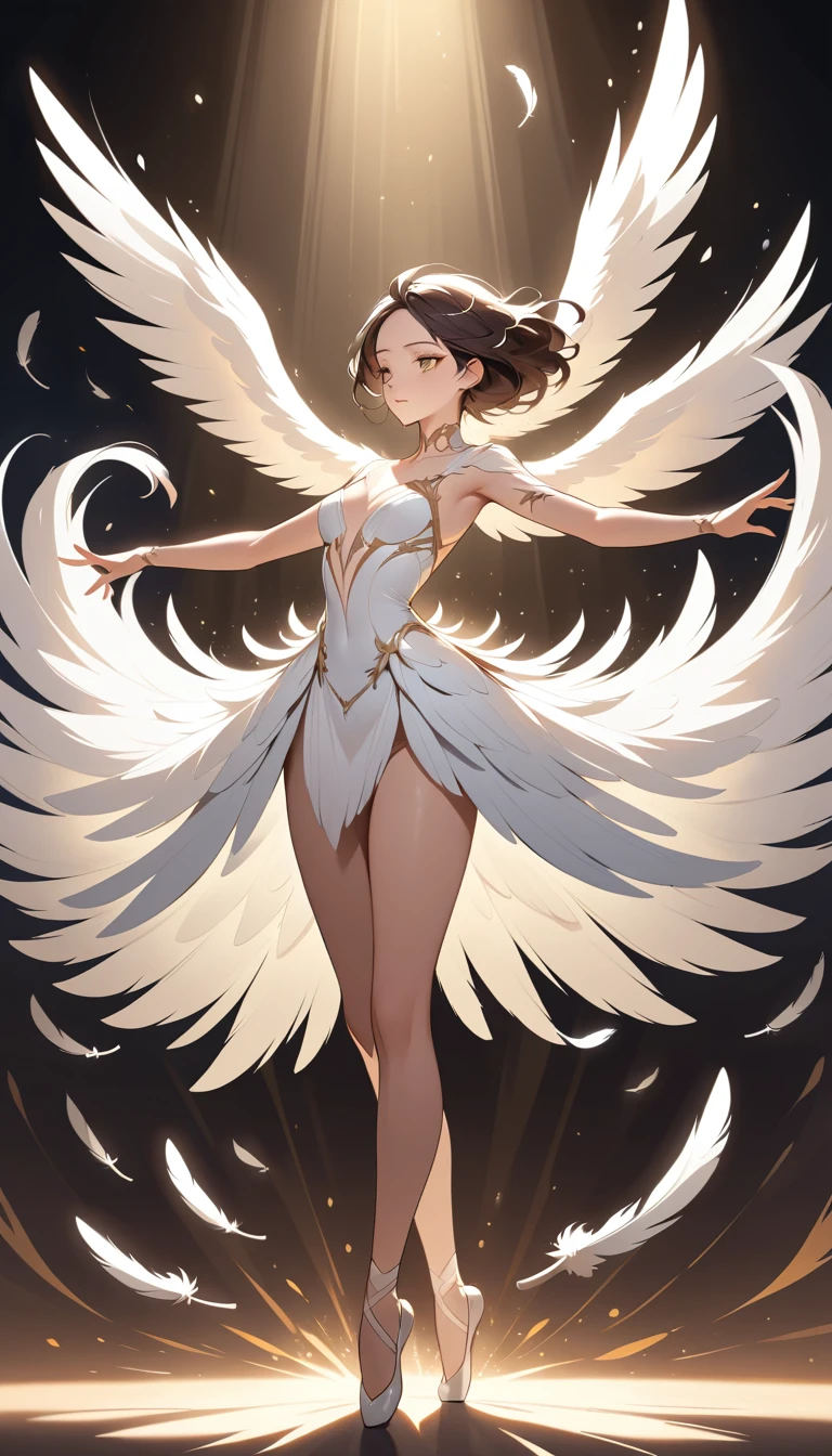 Ballerina Transforming Into White Swan Under Theater Spotlight