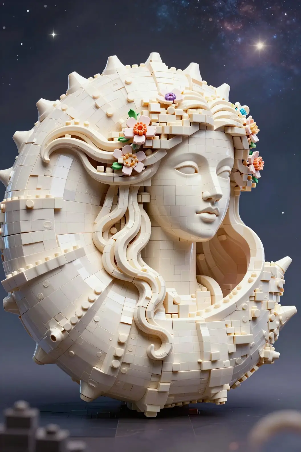 Ritratto di donna serena scolpito in una conchiglia di nautilus a spirale