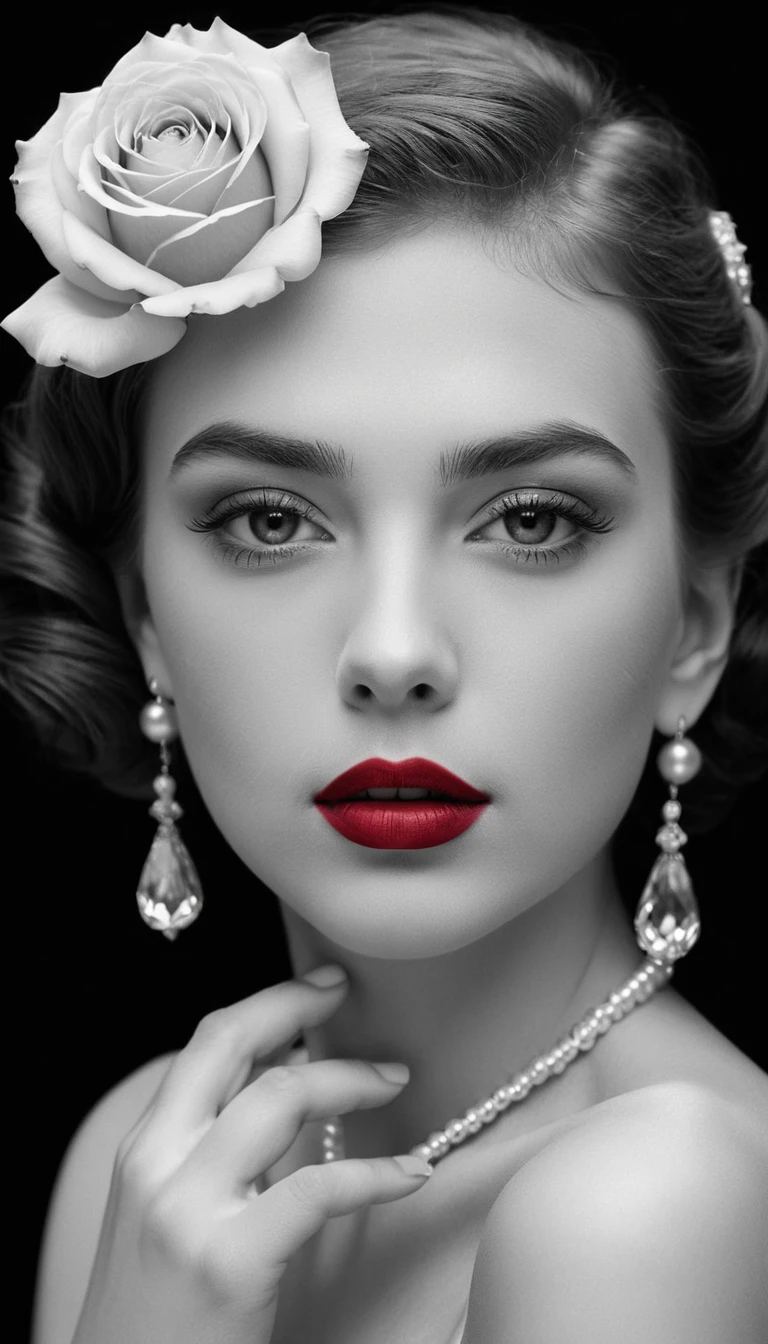 Monochrome portrait of a woman with red rose and lips