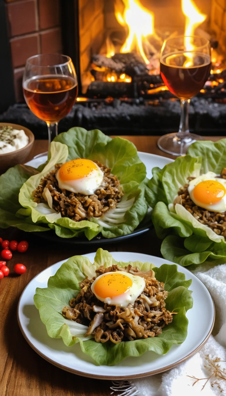 Stuffed eggs with melted cheese on lettuce in cozy interior