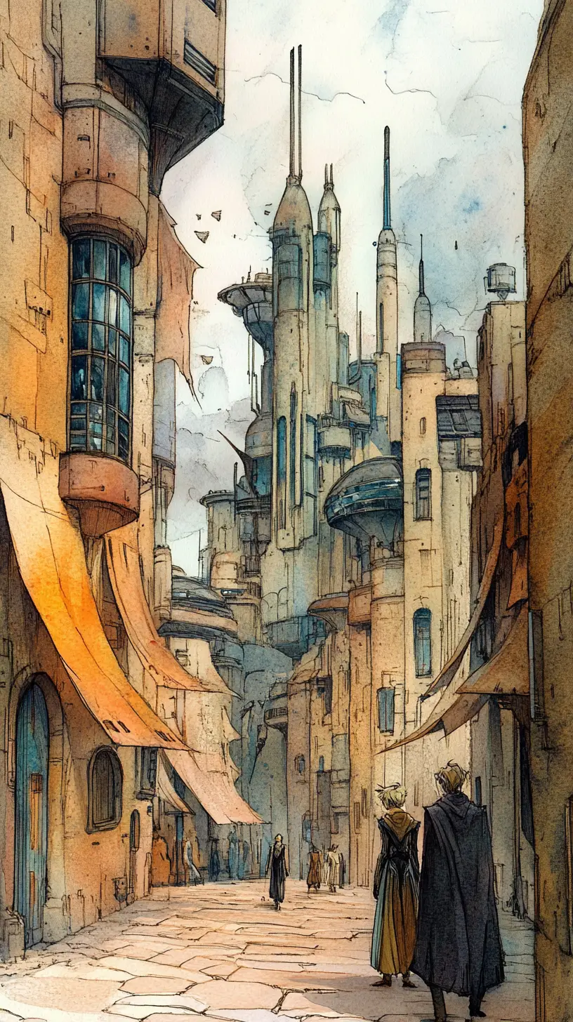 Cittadina western futuristica illustrata ad acquerello e matita