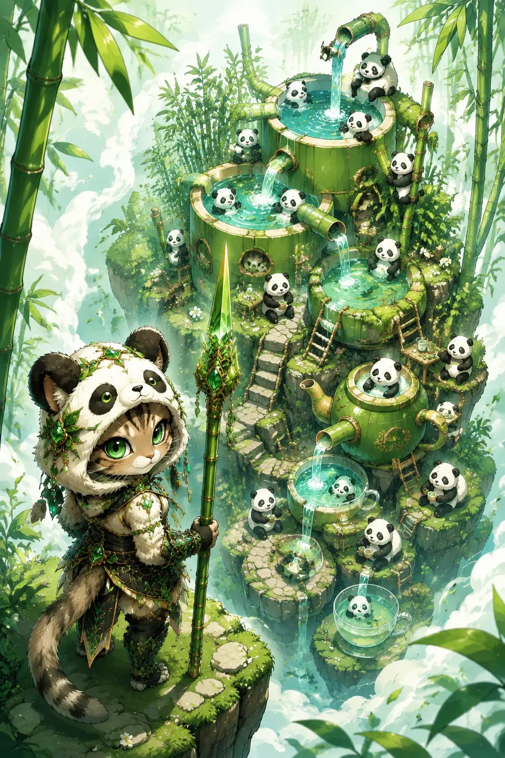 Isla de bambú isométrica con pandas en piscinas de agua en terrazas