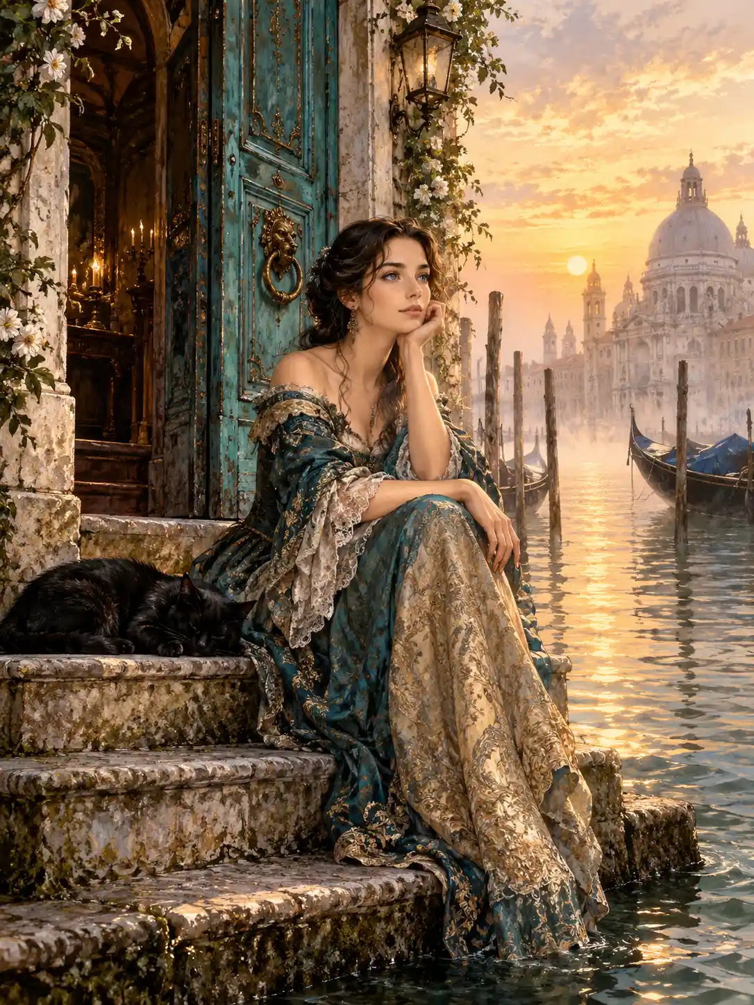 Fantasy woman at a turquoise venetian door at sunrise