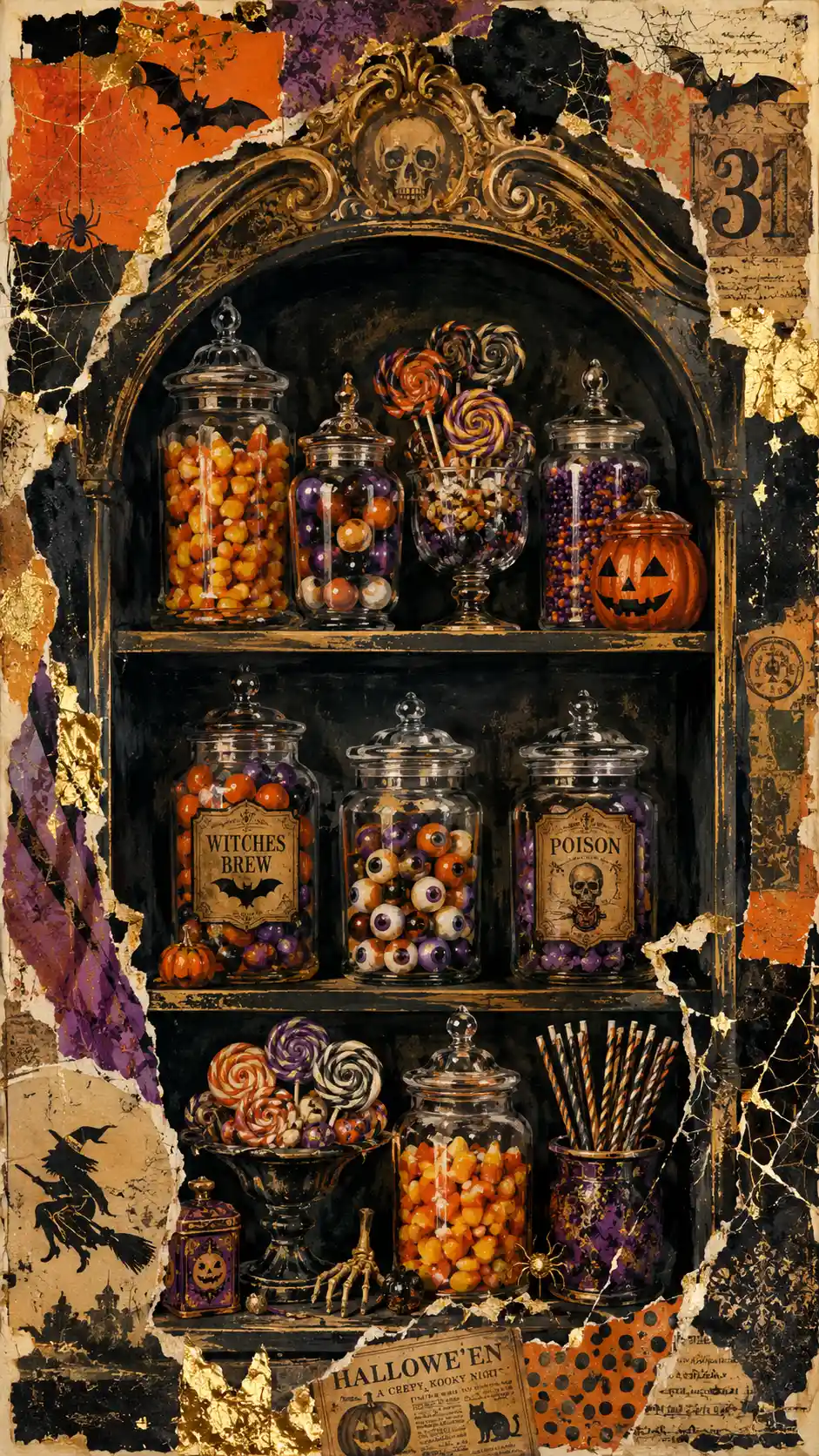Mystisches Vintage-Regal mit bunten Halloween-Süßigkeiten