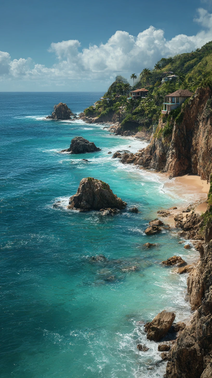 Rocky cliffs above turquoise ocean and sandy beach