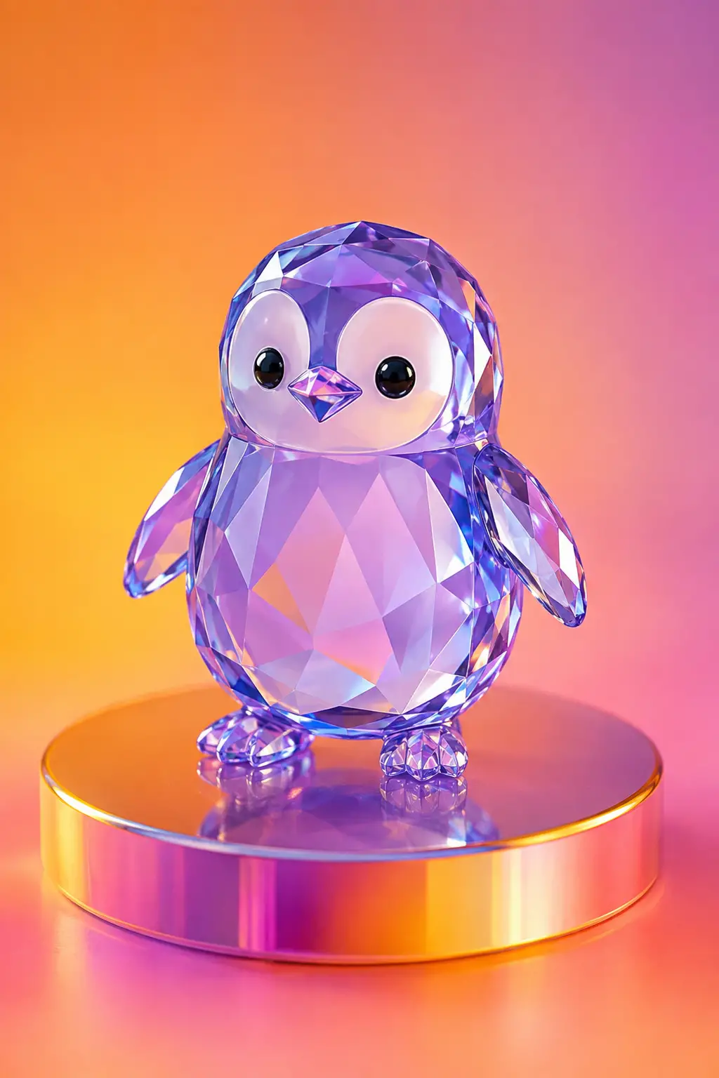 Dolce pinguino di vetro lilla su piattaforma a gradiente colorato