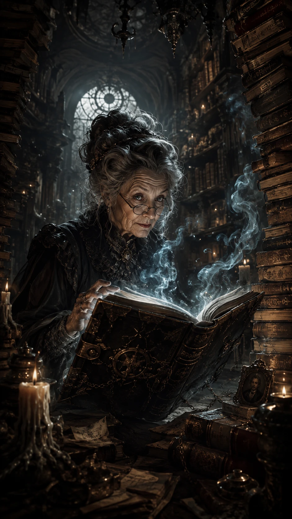 Elderly librarian in a secret archive with glowing grimoire