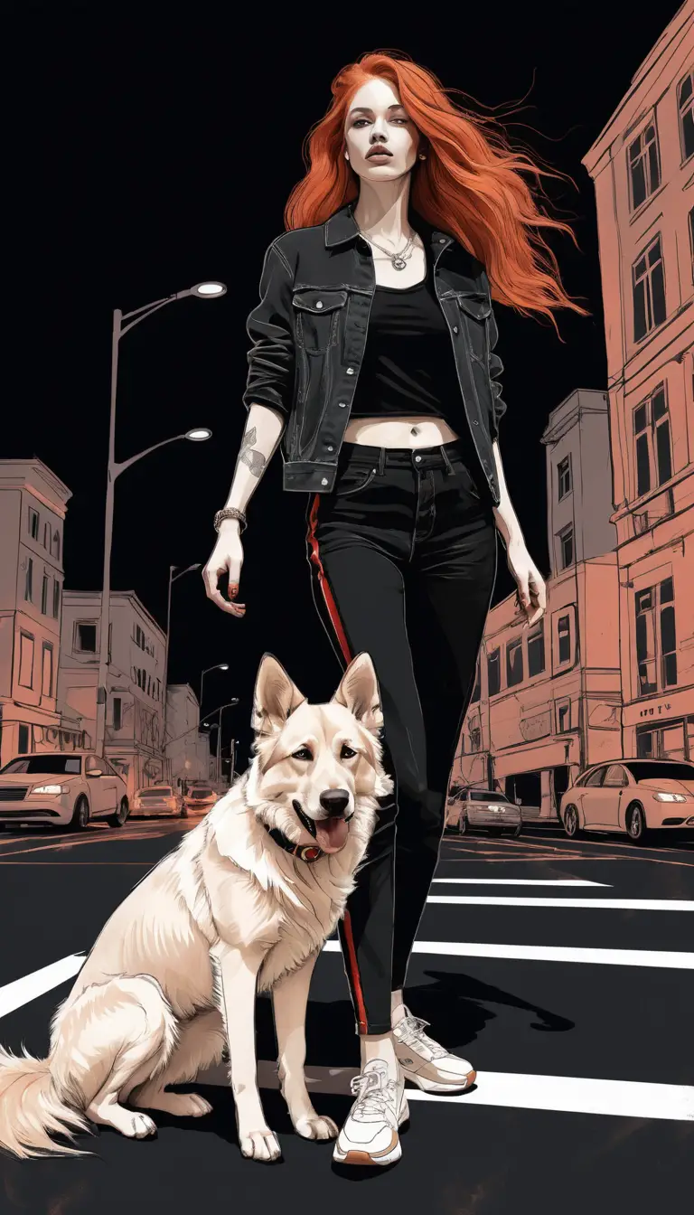 Ragazza hippie dai capelli rossi con cane in stile schizzo