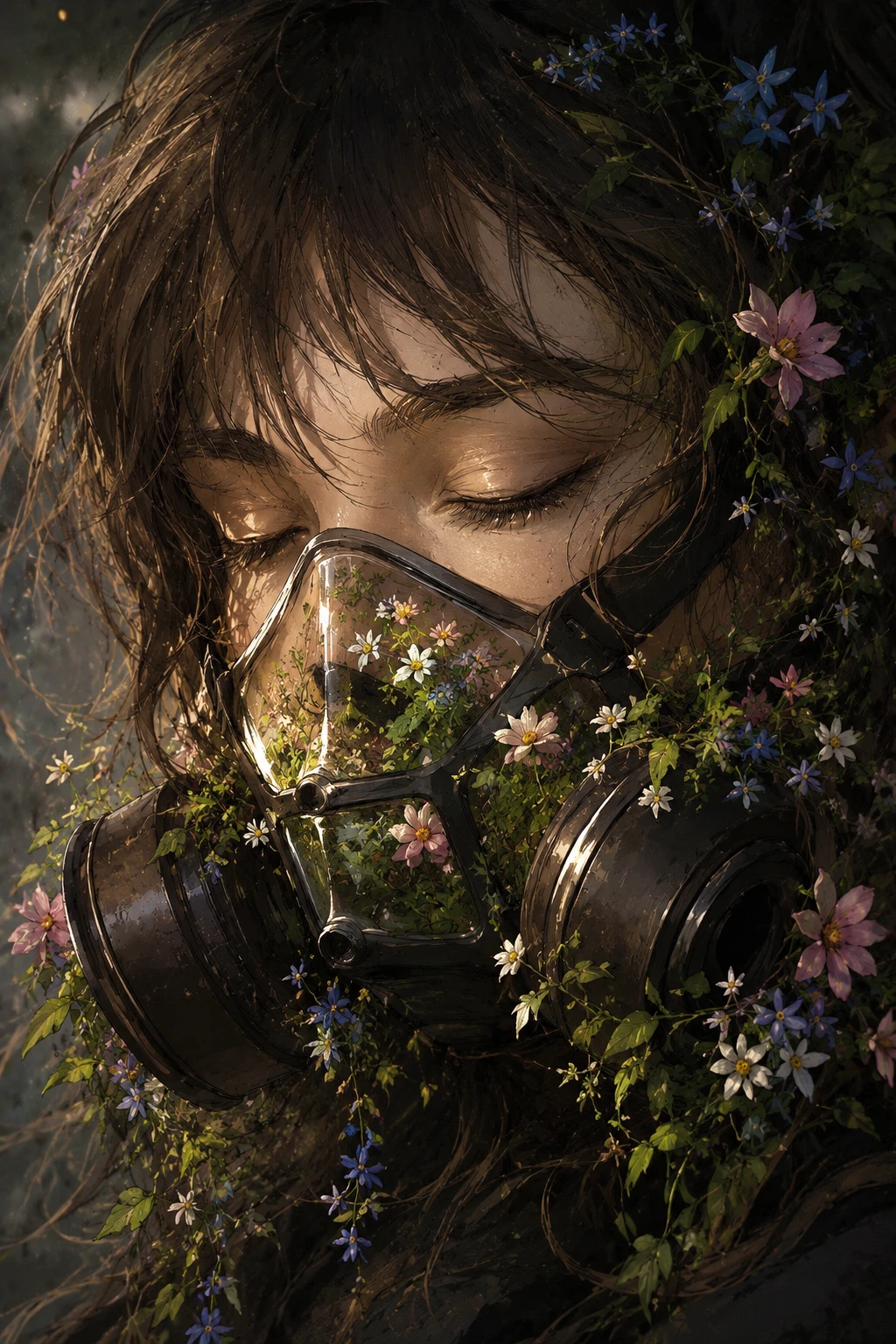 Donna con maschera respiratoria floreale tra fogliame verde rigoglioso