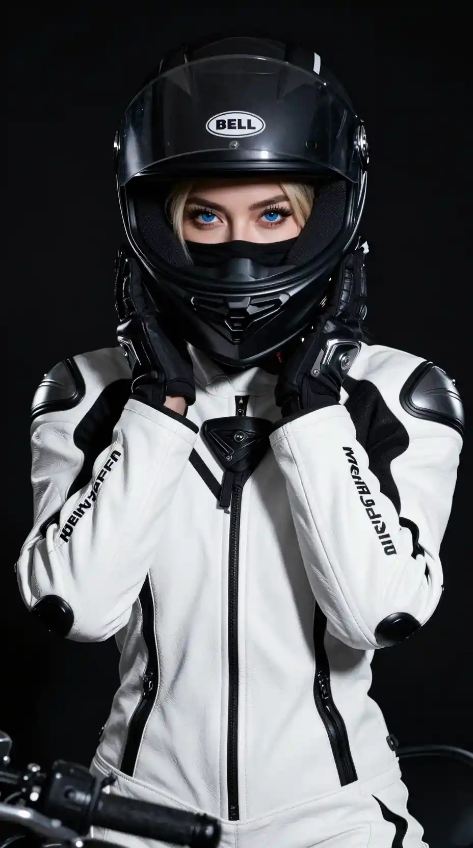 Intense female motorcyclist portrait in tactical riding gear