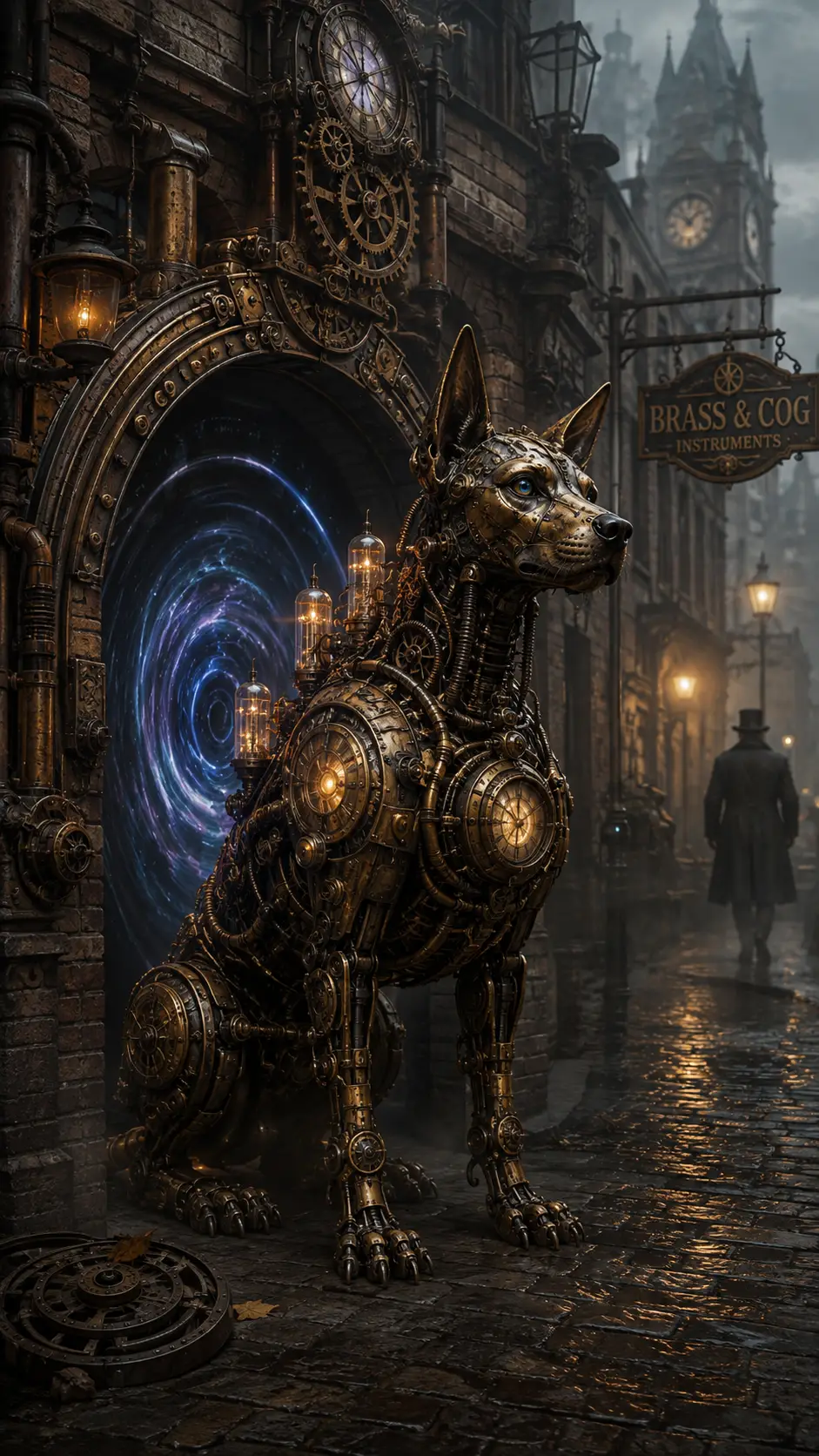 Cane automa steampunk che difende un portale in un vicolo nebbioso