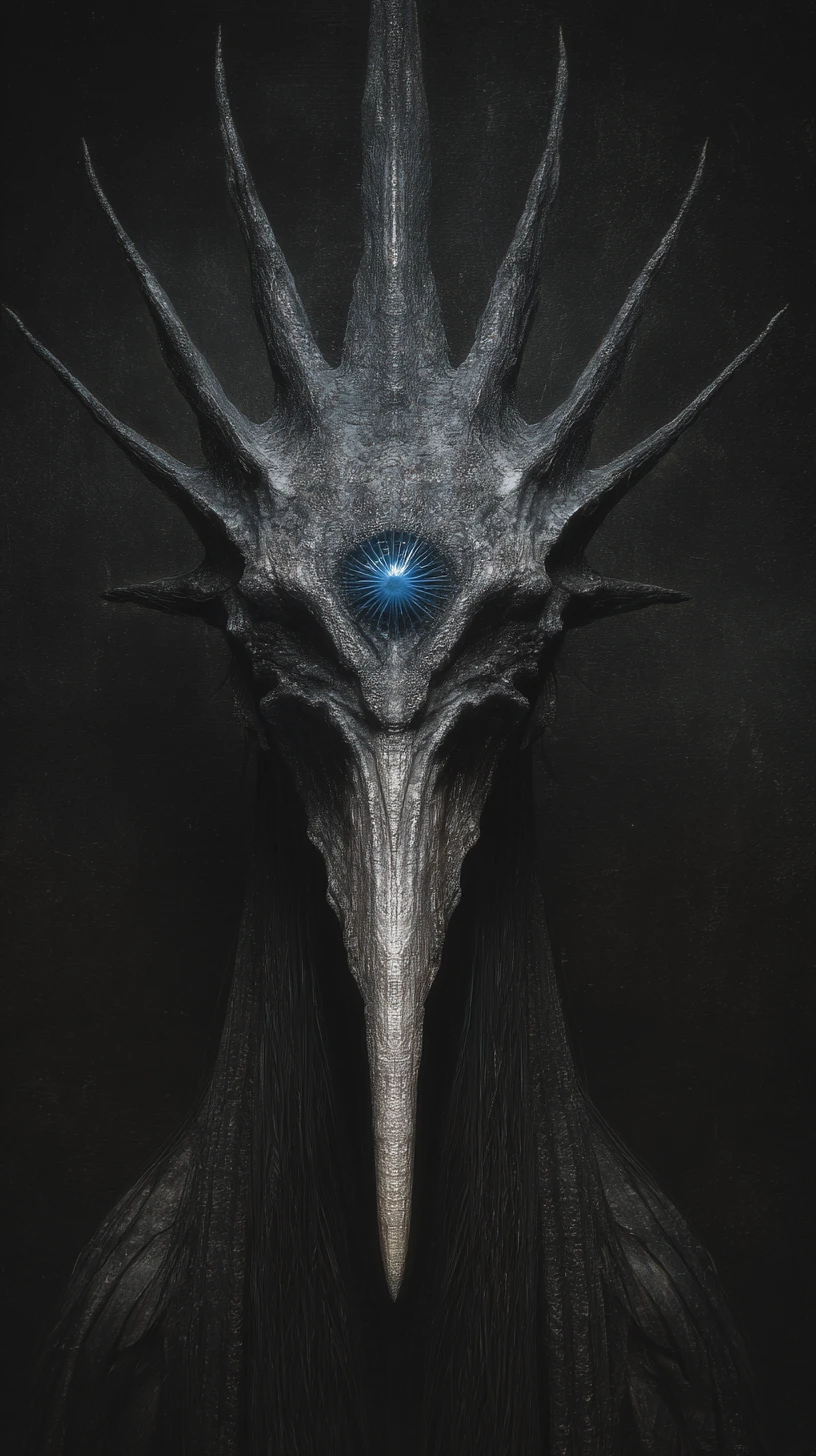 Skeletal entity with a blazing blue eye in darkness