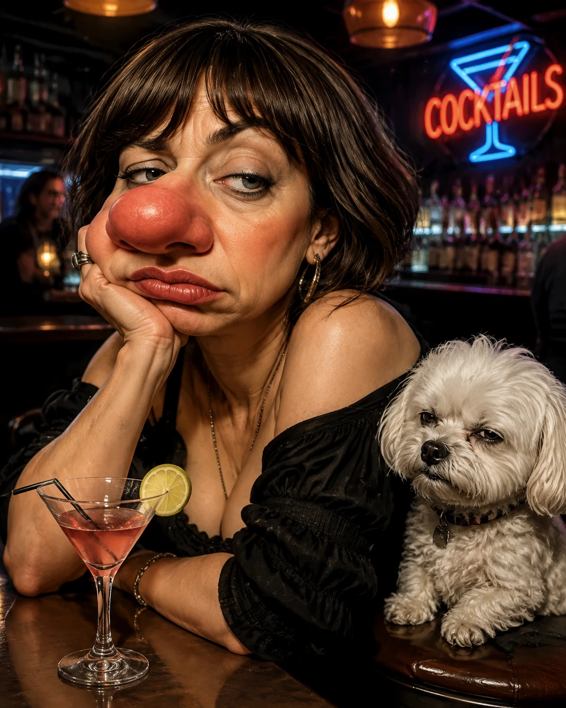 Retrato humorístico en caricatura de mujer cansada en un bar con perro