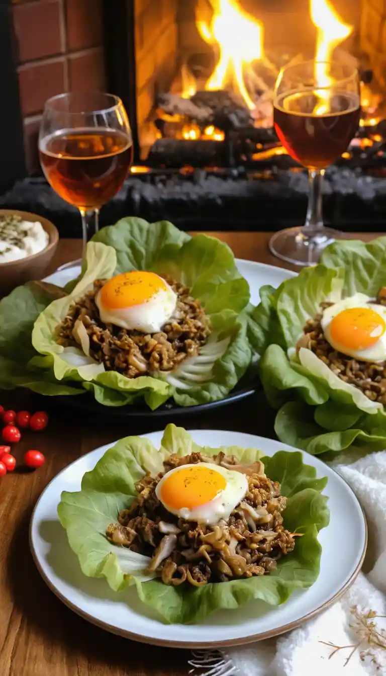 Stuffed eggs with melted cheese on lettuce in cozy interior