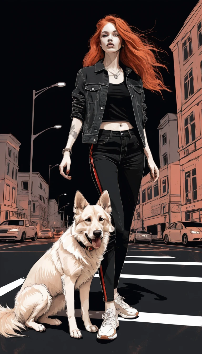 Ragazza hippie dai capelli rossi con cane in stile schizzo