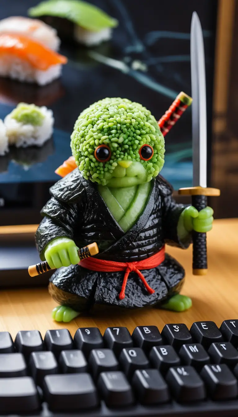 Tastiera di sushi macro con piccolo ninja e monitor di bambù