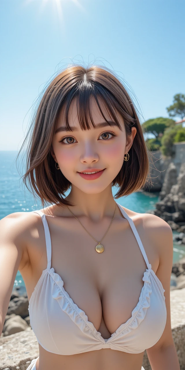 Young woman selfie in white bikini by the seaside