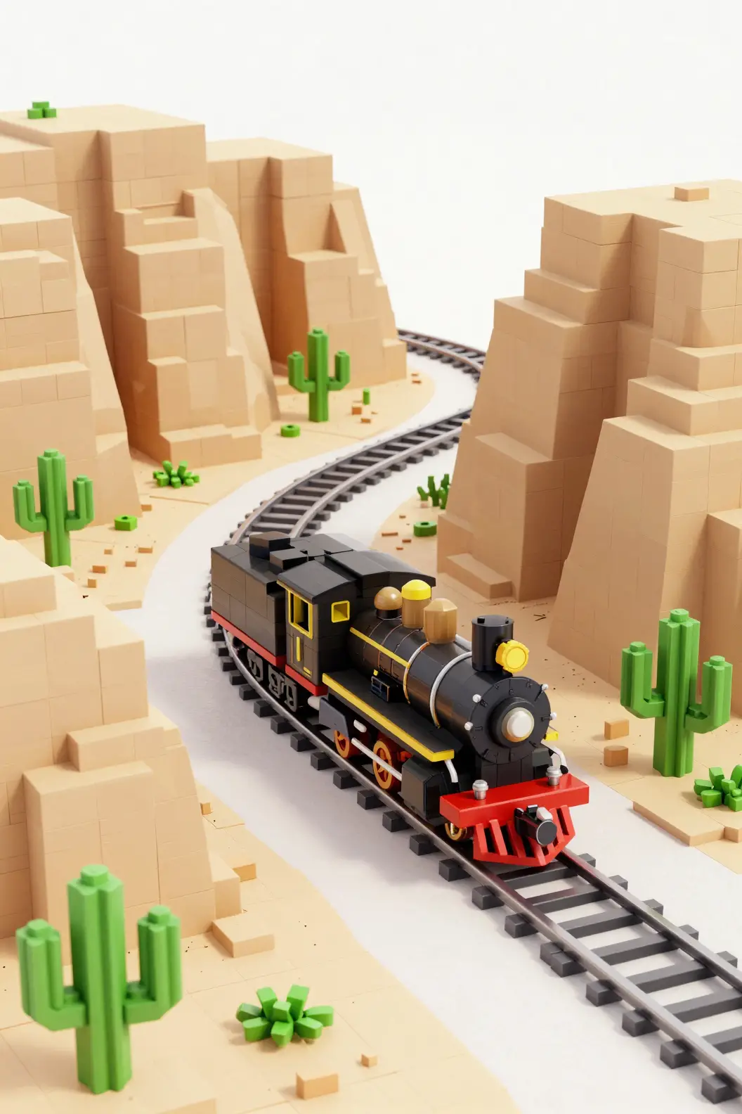 Treno a vapore voxel che si snoda in un minuscolo canyon desertico
