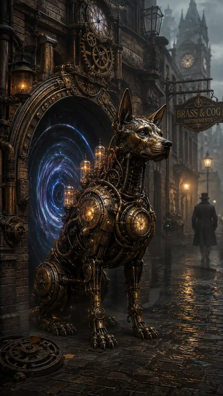 Cane automa steampunk che difende un portale in un vicolo nebbioso