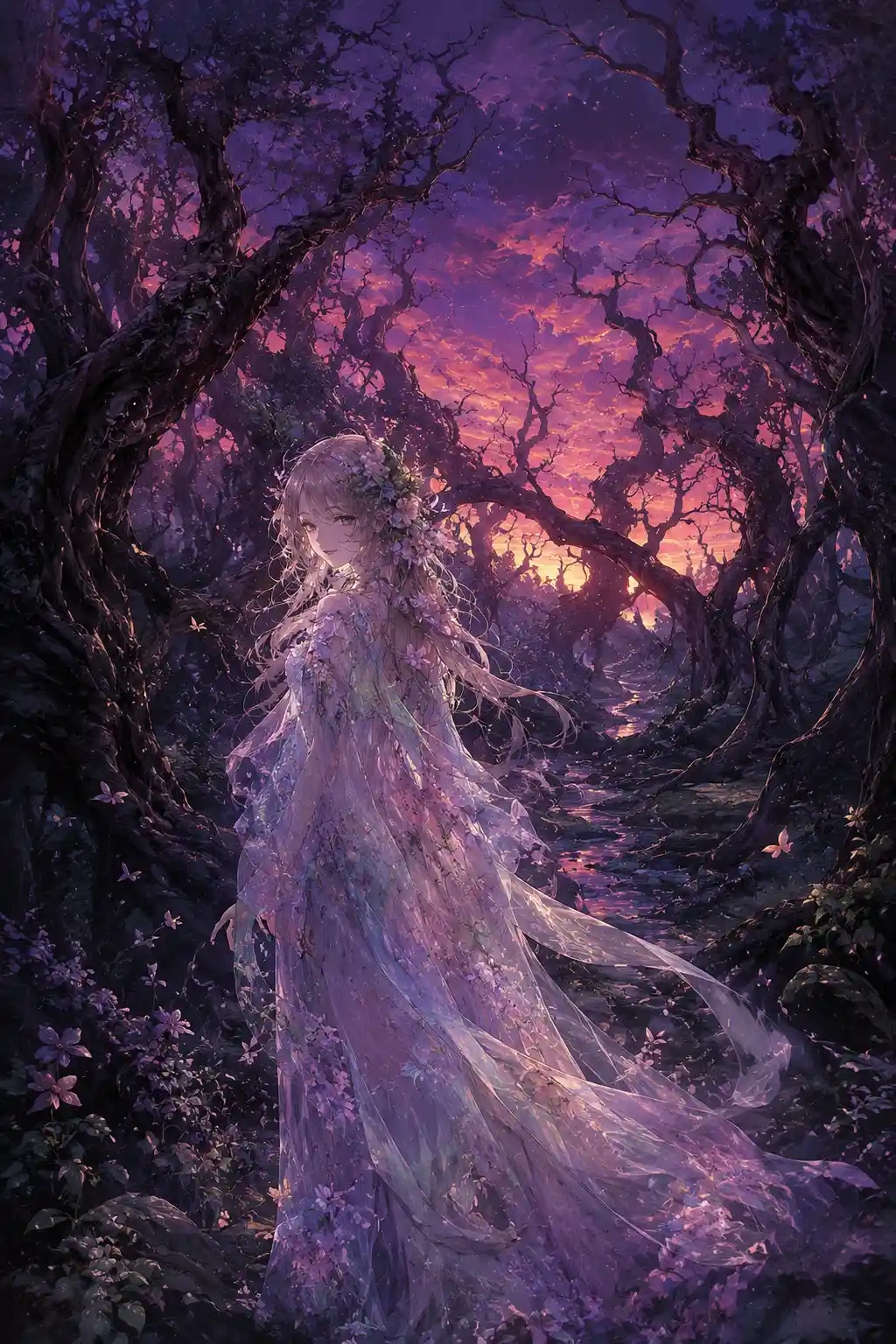 Ethereal woman in a twisted forest at dusk
