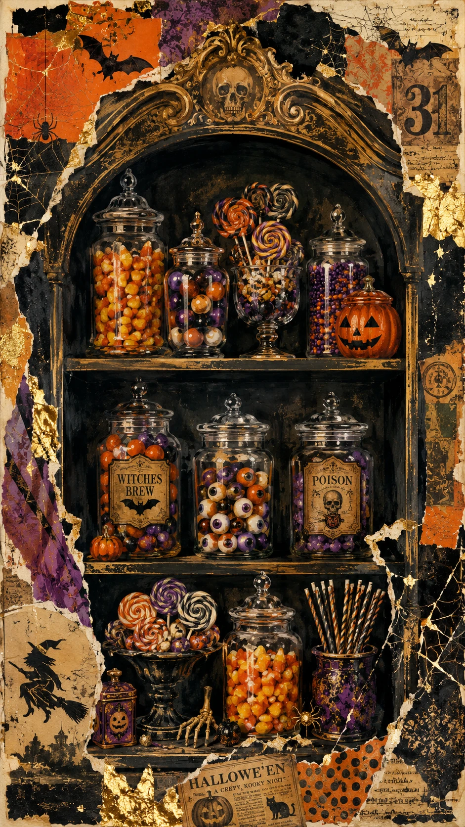 Mystisches Vintage-Regal mit bunten Halloween-Süßigkeiten