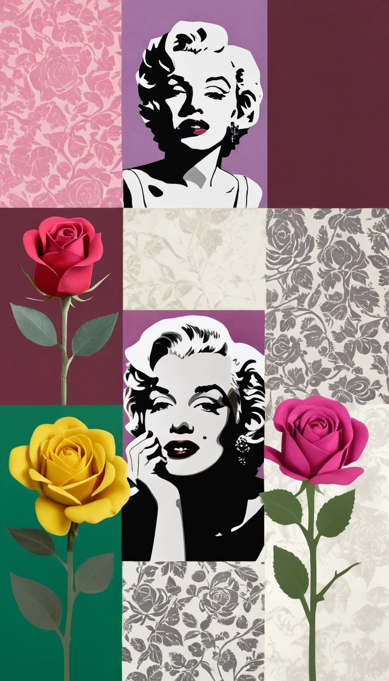 Papiercollage aus Rosen auf vintage-lila Tapete