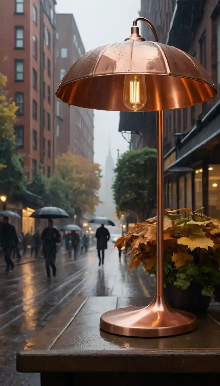 Lampada da tavolo in rame che rivela una strada cittadina piovosa d’autunno