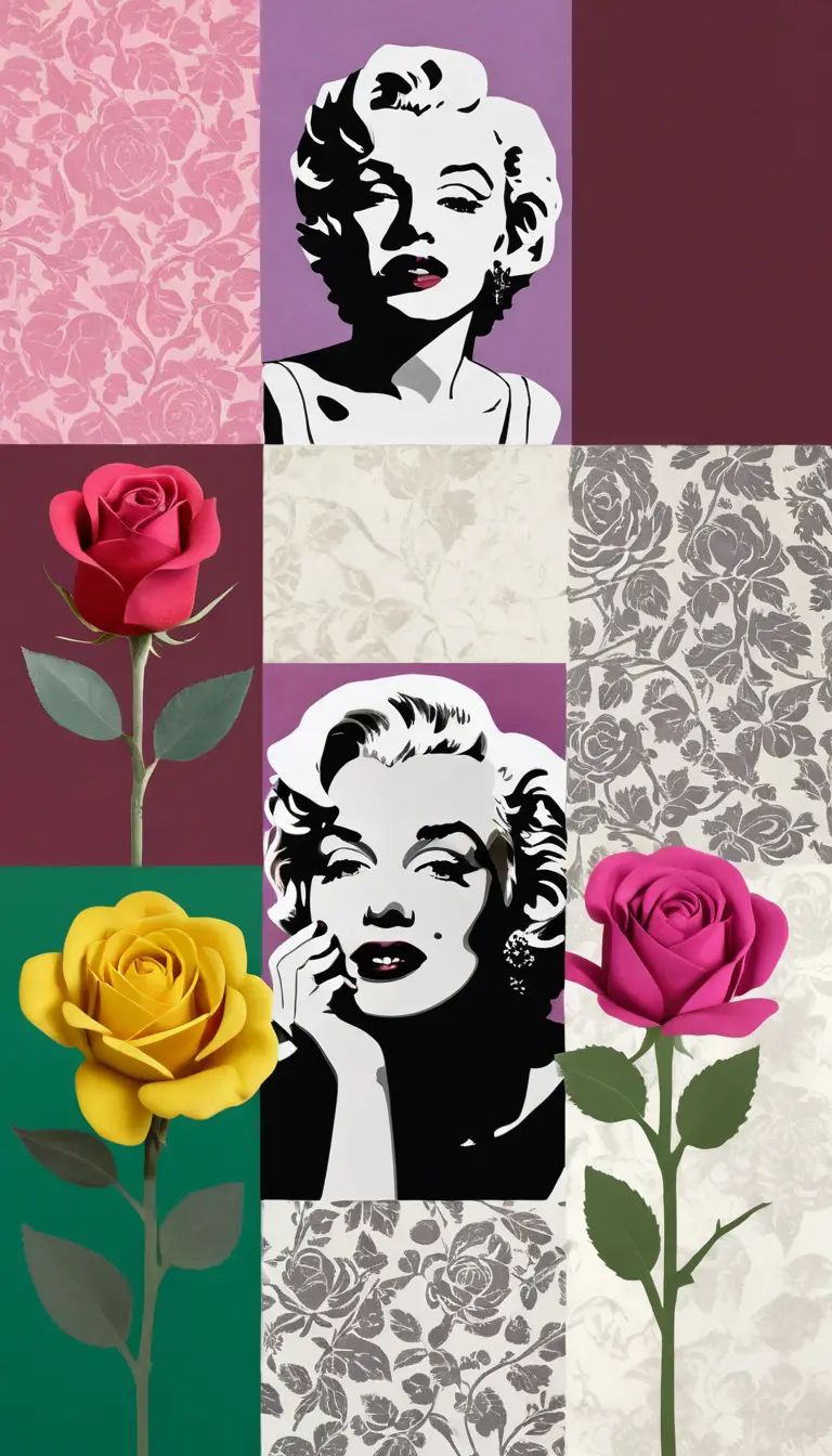 Colagem de rosas em papel sobre papel de parede roxo vintage