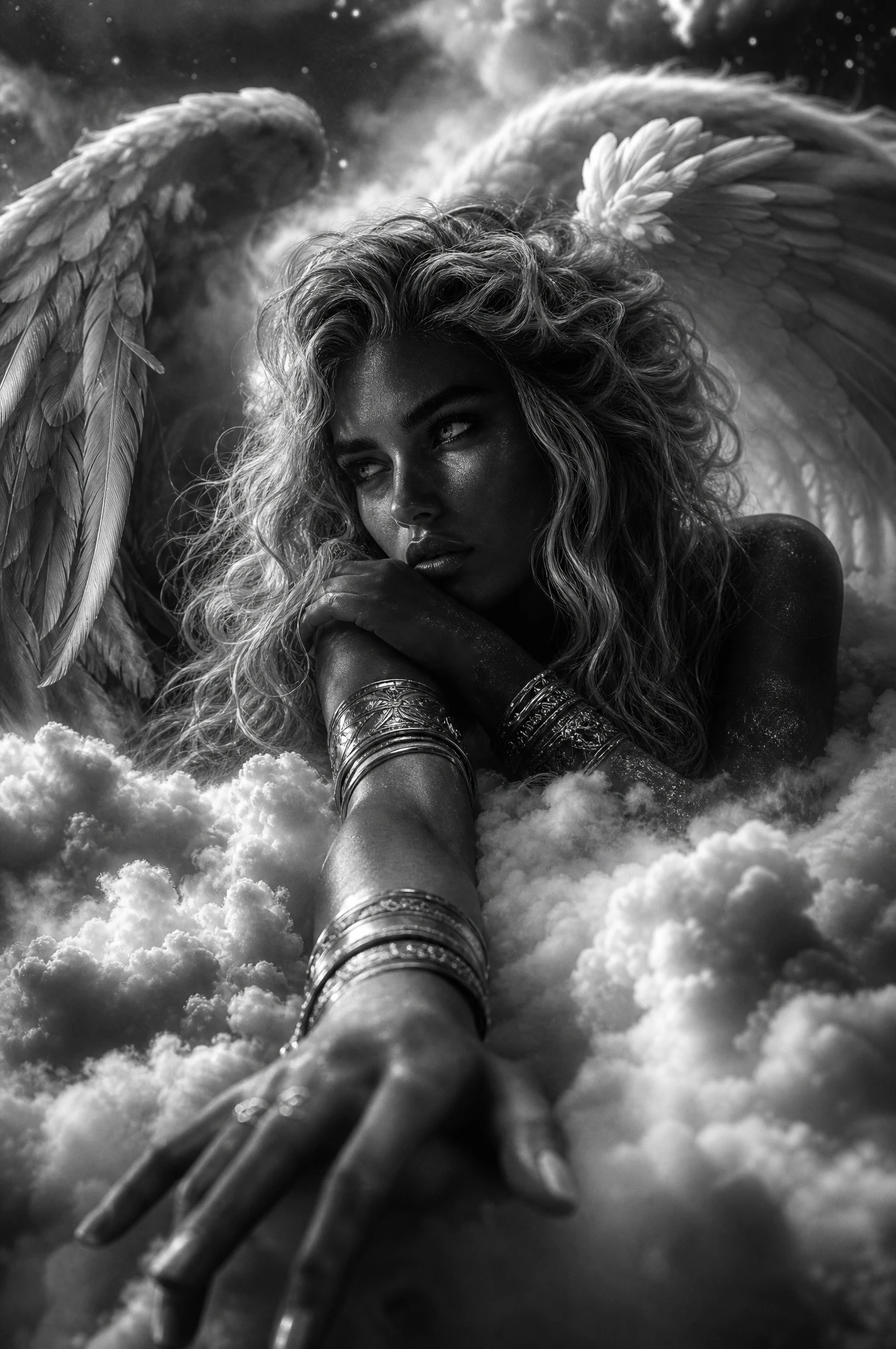 Celestial angel resting on clouds in dramatic monochrome portrait