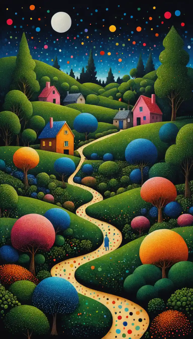 Pointillist abstract night landscape with colorful shapes