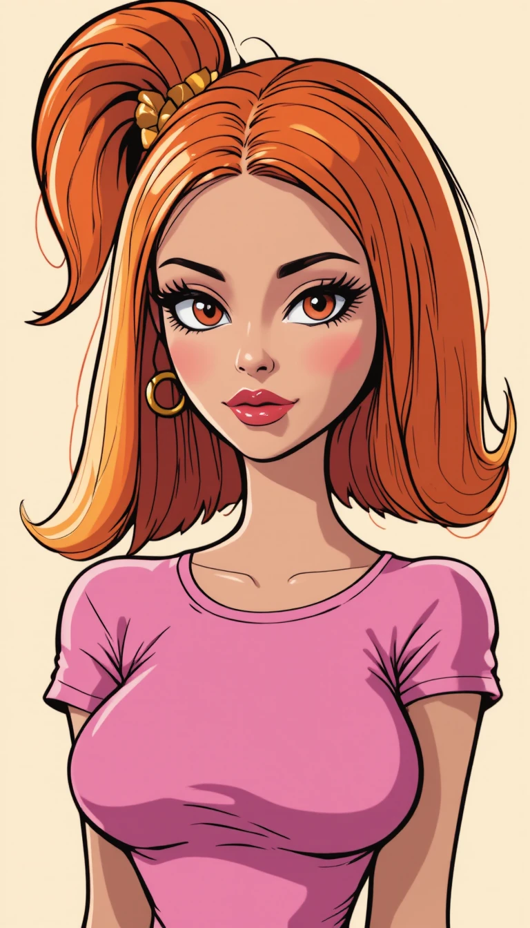 Donna cartoon Y2K glam con capelli rosso arancio lucidi