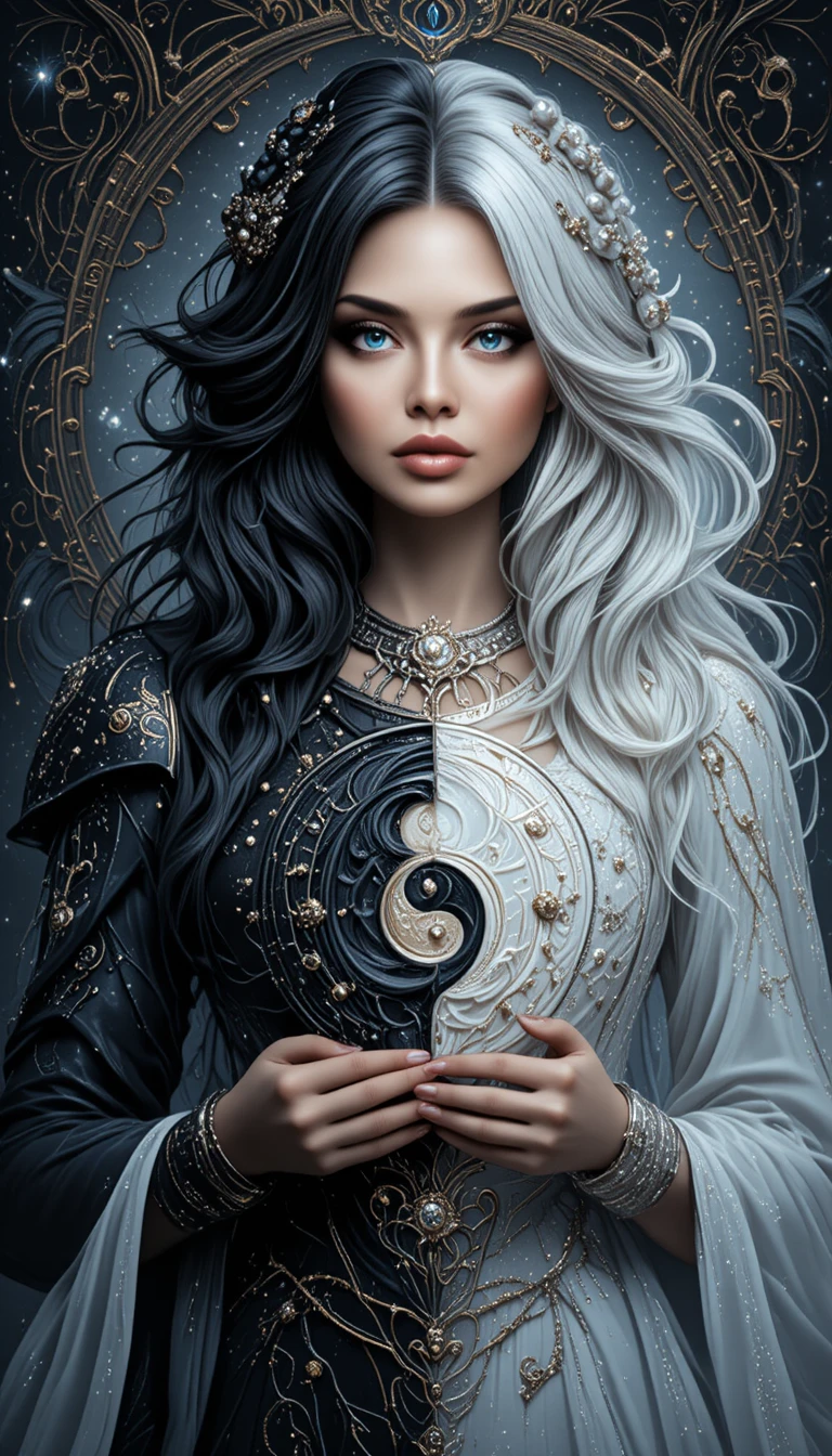 Yin and yang fantasy woman holding celestial symbol