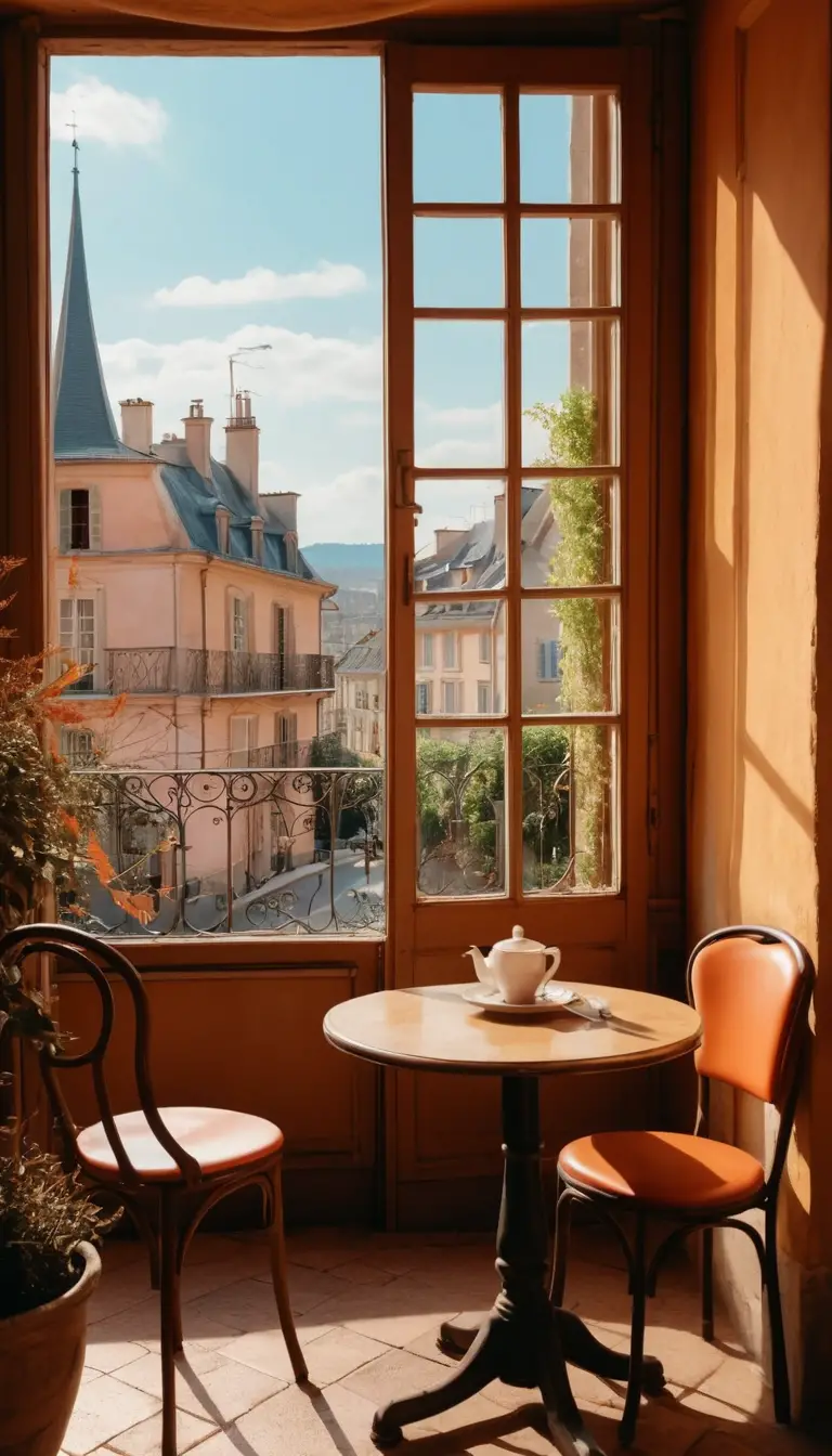 Accogliente interno di caffè vuoto con luce calda e vista dalla finestra