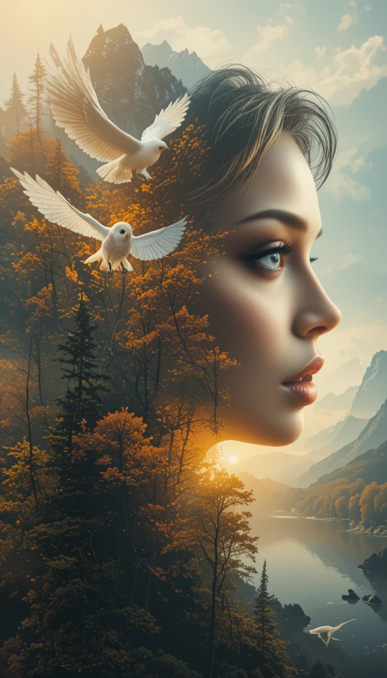 Retrato surreal de doble exposición de una mujer y un paisaje otoñal