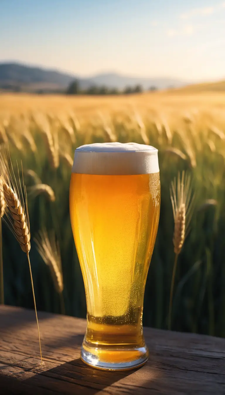 Glowing Beer Against A Soft Abstract Wheat Valley Scene