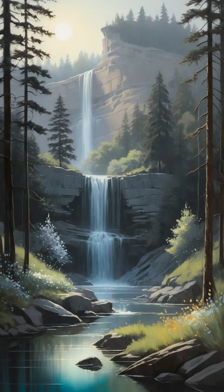 Disegno di paesaggio estivo di lago con cascata e luce brillante