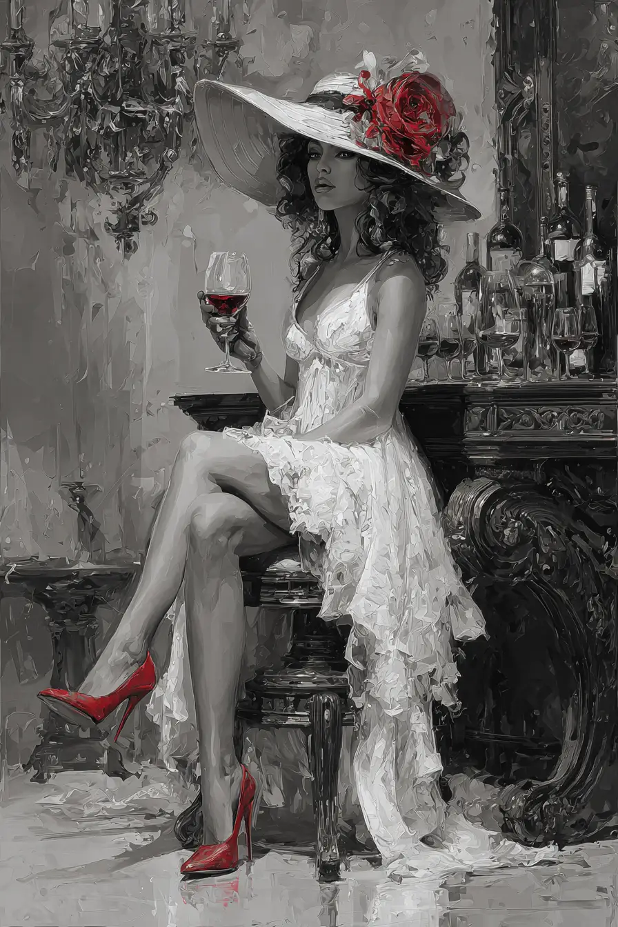 Elegant woman in hat with red wine in opulent interior