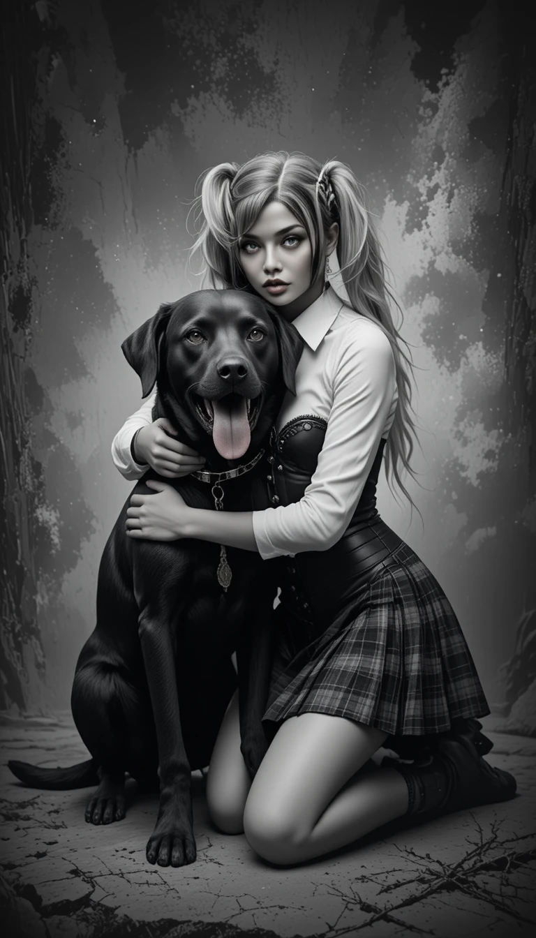 Girl kneeling with black labrador in monochrome portrait