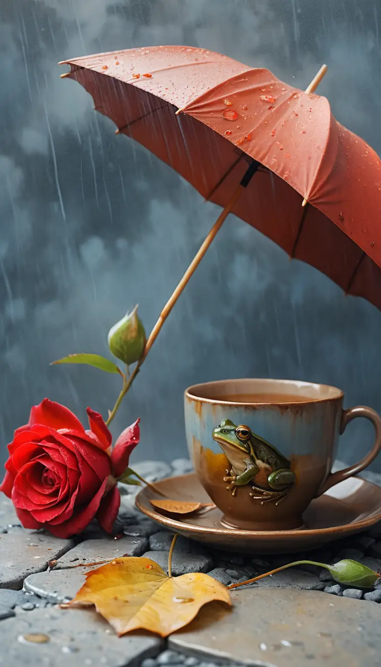 Cena de chuva matinal com guarda-chuva e xícara ao lado da pedra