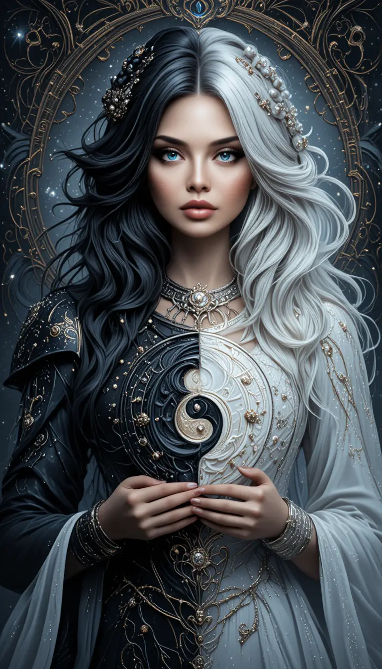 Femme fantastique yin et yang tenant un symbole céleste